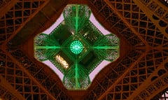 Standing exactly under the Eiffel Tower.