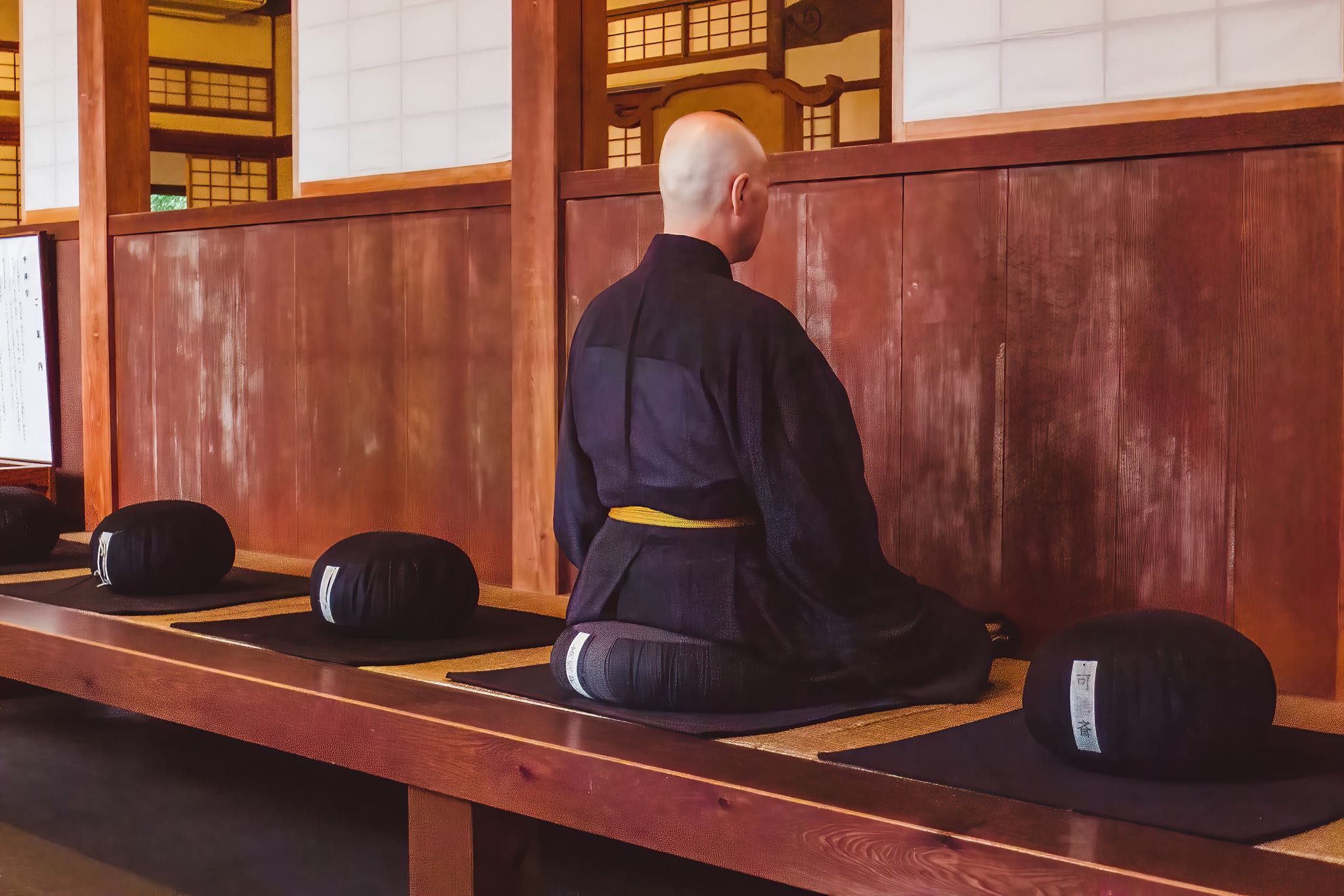 Finding peace in the heart of Japan: A monk meditates in deep contemplation during a Zen session.