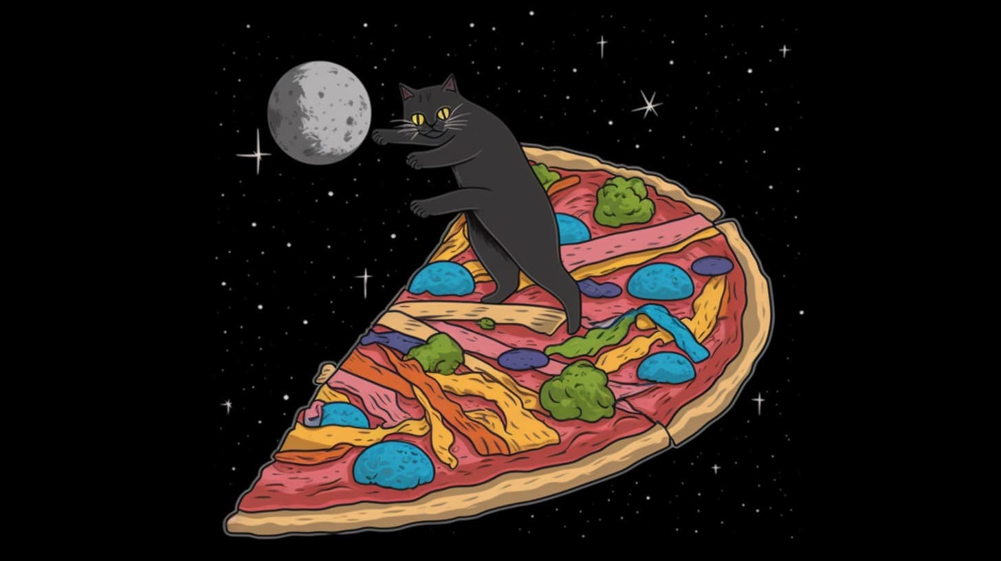 Cats breakdancing on giant pizza in outer space, 80s Style --ar 16:9 --c 95 --stylize 400