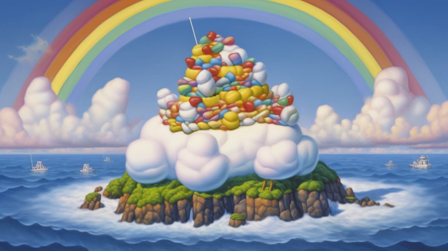 Floating candy island with rainbow waterfall, Low Angle, Oil Painting --ar 16:9 --c 80 --s 200