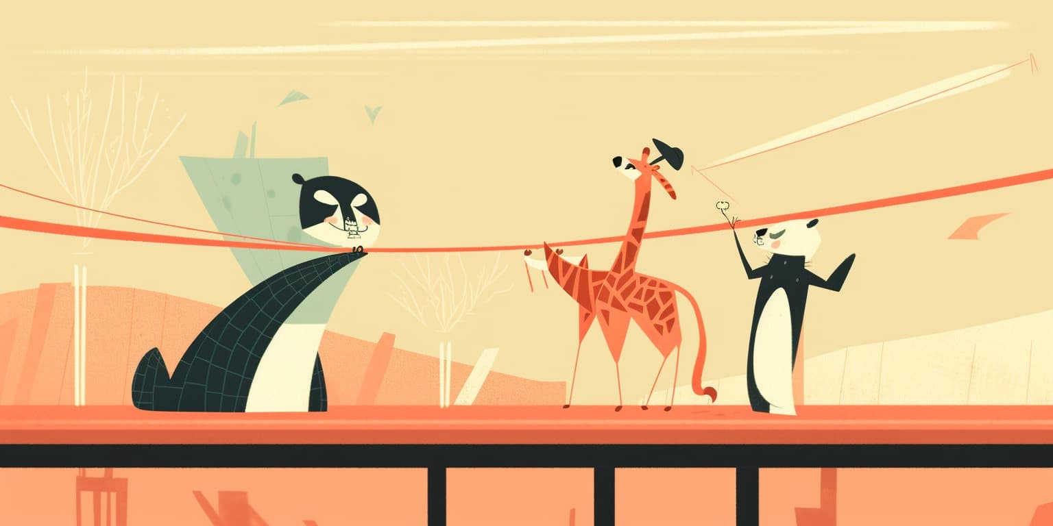 Giraffe and panda performing a magical duet on a tightrope, Art Deco Style, Ground Shot --ar 2:1 --c 60 --s 150