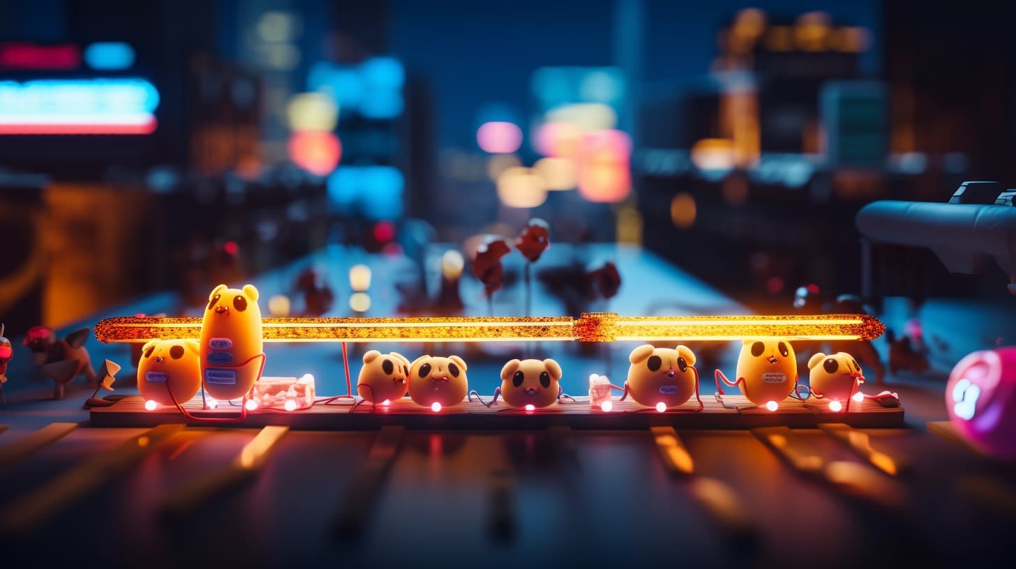 Ninja hamsters racing on hot dogs through a neon cityscape, Wide-Angle Shot --ar 16:9 --c 100 --stylize 450