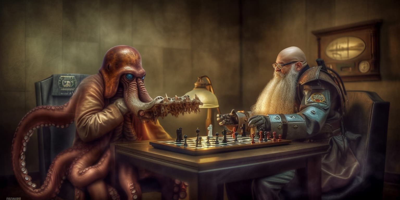 Steampunk octopus playing chess with a cyborg walrus, Dutch Angle --ar 2:1 --c 90 --s 300