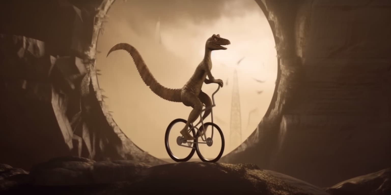 Velociraptor riding a unicycle in a 1920s speakeasy, Film Noir --ar 2:1 --c 85 --s 250