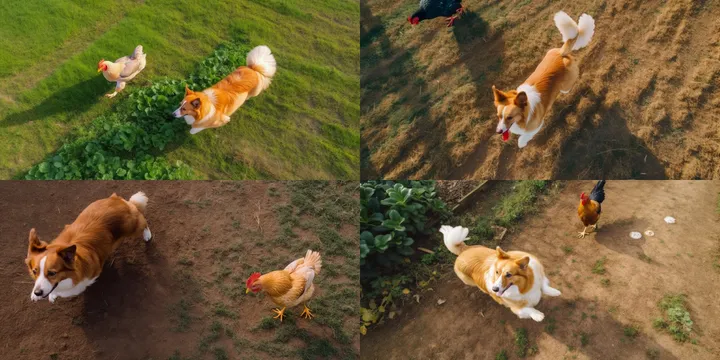/imagine a corgi dog chasing a chicken, Aerial View