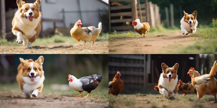 /imagine a corgi dog chasing a chicken, Low-Angle Shot