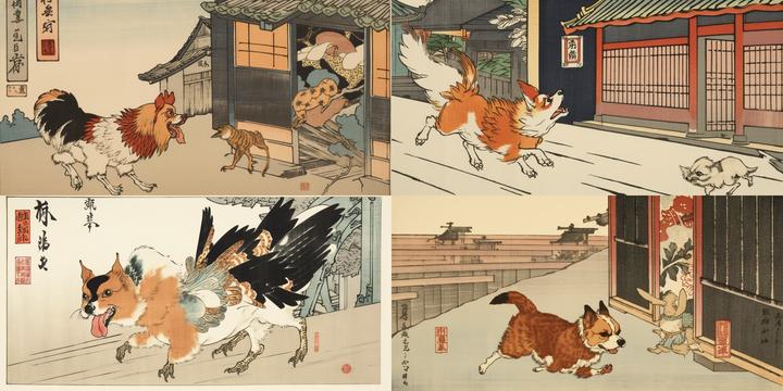 /imagine a corgi dog chasing a chicken on a city street, Japanese Ukiyo-e print