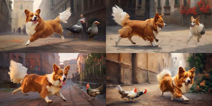 /imagine a corgi dog chasing a chicken on a city street, Renaissance painting style