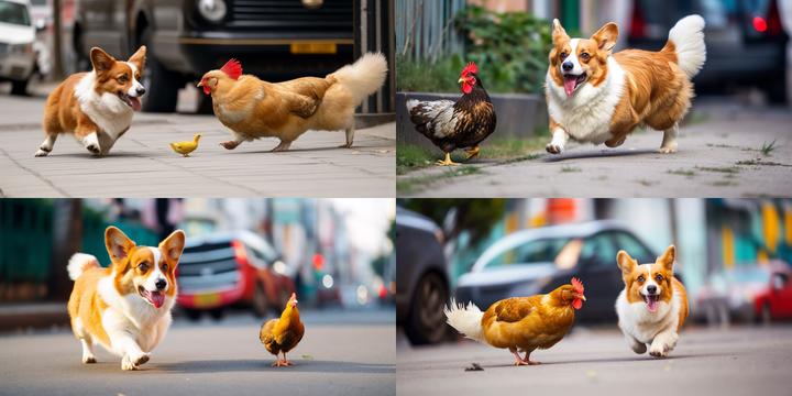 /imagine a corgi dog chasing a chicken on a city street, bright colors
