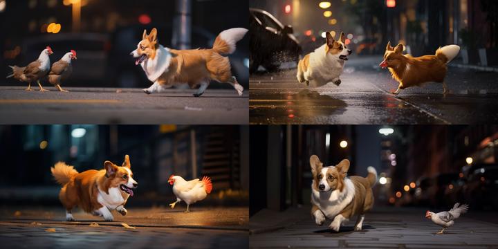 /imagine a corgi dog chasing a chicken on a city street, nighttime scene