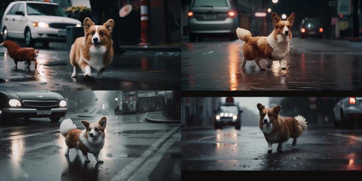/imagine a corgi dog chasing a chicken on a city street, rainy day, film noir aesthetic