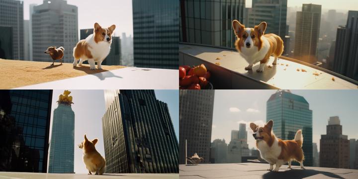 /imagine a corgi dog chasing a chicken on top of a skyscraper, sunny, shot on Kodak Gold 200