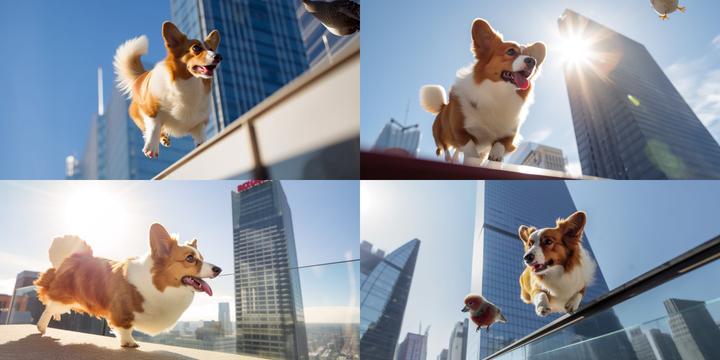 /imagine a corgi dog chasing a chicken on top of a skyscraper, sunny day