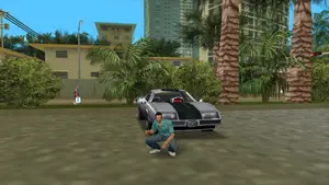 GTA Vice City Xbox Screenshot mit Auto und Palmen, released 2003